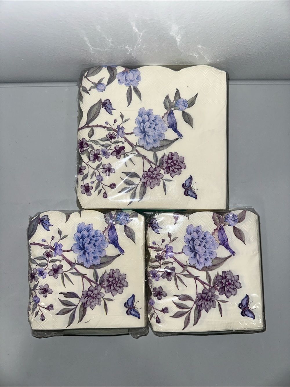 Martha Stewart Ivory Purple Floral Matching Square Cocktail Lunch Napkins 40 x 3